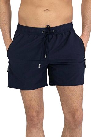 Lacivert Likralı Esnek Kumaş Su İtici Özellikli Düz Renk Erkek Plaj Deniz Şort Mayo - 2201-Lacivert