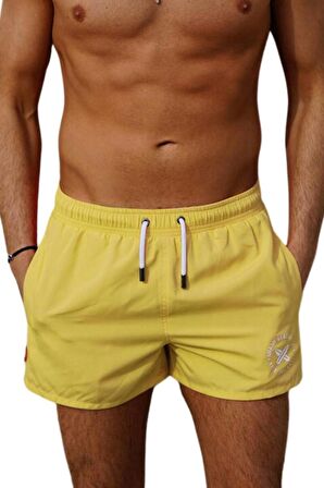 Sarı Kısa Model Su İtici Özellikli Düz Renk Erkek Mini Plaj Deniz Şort Mayo - 2202-Sarı