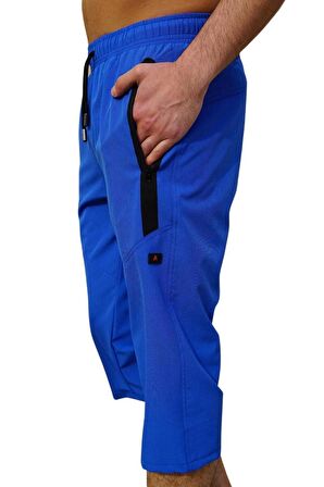 Saks Diz Altı Uzun Model Su İtici Özellikli Likralı Esnek Kumaş Erkek Plaj Deniz Kapri Şort - 941-Saks