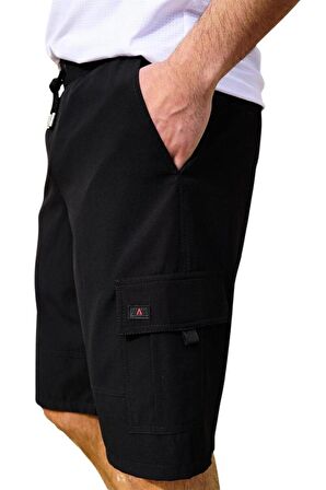 Siyah Kargo Cepli Uzun Model Su İtici Özellikli Düz Renk Erkek Plaj Deniz Şort - 444-Siyah