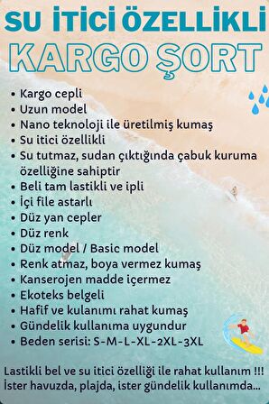 Siyah Kargo Cepli Uzun Model Su İtici Özellikli Düz Renk Erkek Plaj Deniz Şort - 444-Siyah