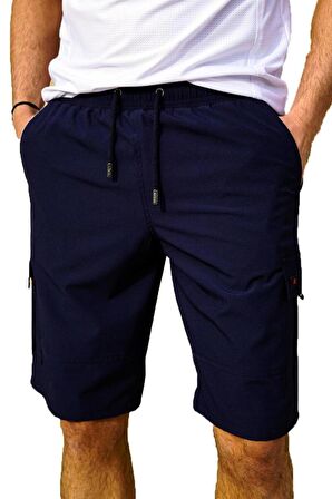 Lacivert Kargo Cepli Uzun Model Su İtici Özellikli Düz Renk Erkek Plaj Deniz Şort - 444-Lacivert
