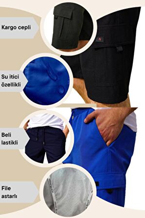 Lacivert Kargo Cepli Uzun Model Su İtici Özellikli Düz Renk Erkek Plaj Deniz Şort - 444-Lacivert