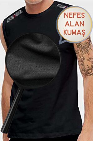 Siyah Nefes Alan Kumaş Sıfır Kol Likralı Erkek Tişört - 0355-Siyah