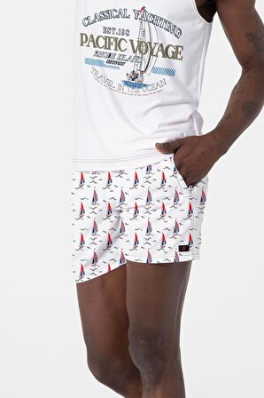 Su İtici Özellikli Dijital Baskılı Erkek Plaj Deniz Şort Mayo - 205-Beyaz