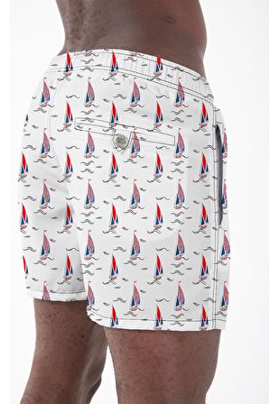 Su İtici Özellikli Dijital Baskılı Erkek Plaj Deniz Şort Mayo - 205-Beyaz