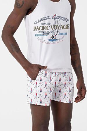 Su İtici Özellikli Dijital Baskılı Erkek Plaj Deniz Şort Mayo - 205-Beyaz