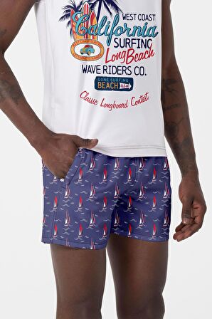 Su İtici Özellikli Dijital Baskılı Erkek Plaj Deniz Şort Mayo - 205-Lacivert