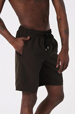 Haki Uzun Boy Basic Model Su İtici Özellikli Düz Renk Erkek Plaj Deniz Şort Mayo - 2206-Haki