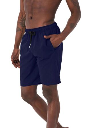 Lacivert Uzun Boy Basic Model Su İtici Özellikli Düz Renk Erkek Plaj Deniz Şort Mayo - 2206-Lacivert