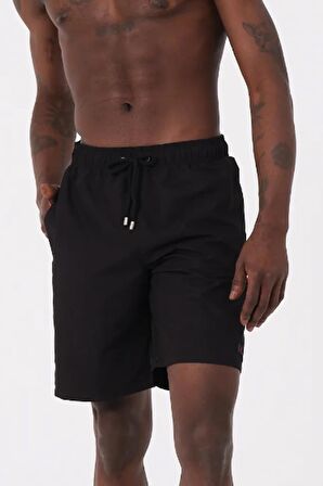 Siyah Uzun Boy Basic Model Su İtici Özellikli Düz Renk Erkek Plaj Deniz Şort Mayo - 2206-Siyah