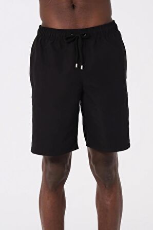 Siyah Uzun Boy Basic Model Su İtici Özellikli Düz Renk Erkek Plaj Deniz Şort Mayo - 2206-Siyah