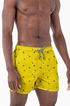 Su İtici Özellikli Dijital Baskılı Erkek Plaj Deniz Şort Mayo - 0204-Sarı