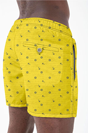 Su İtici Özellikli Dijital Baskılı Erkek Plaj Deniz Şort Mayo - 0204-Sarı
