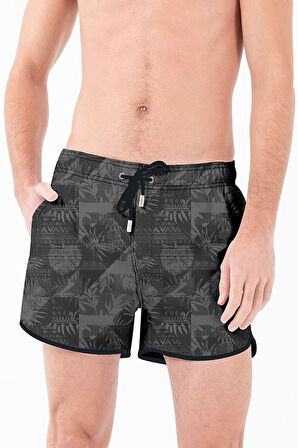 Mini Model Su İtici Özellikli Dijital Baskılı Kısa Boy Erkek Plaj Deniz Şort Mayo - 279-Siyah