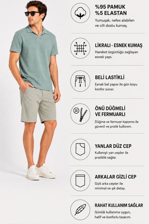Çağla Yeşili Likralı Esnek Kumaş Beli Lastikli Klasik Erkek Keten Şort // 2002-Çağla