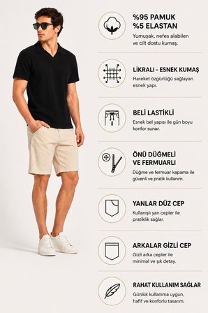 Ekru Likralı Esnek Kumaş Beli Lastikli Klasik Erkek Keten Şort // 2002-Ekru