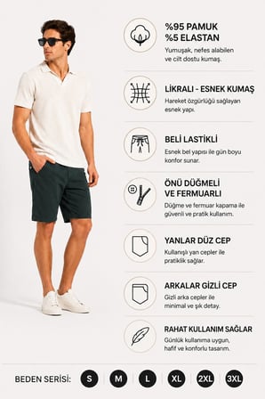 Haki Yeşili Likralı Esnek Kumaş Beli Lastikli Klasik Erkek Keten Şort // 2002-Petrol