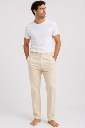 Ekru Likralı Esnek Kumaş Beli Lastikli Düğme ve Fermuarlı Yazlık Erkek Keten Pantolon // 2002-Ekru