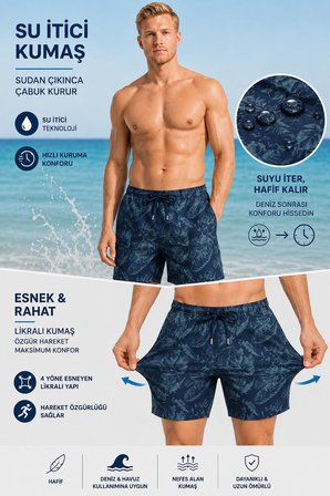 Uzun Boy Model Su İtici Özellikli Esnek Kumaş Dijital Baskılı Erkek Plaj Deniz Şort Mayo // 405