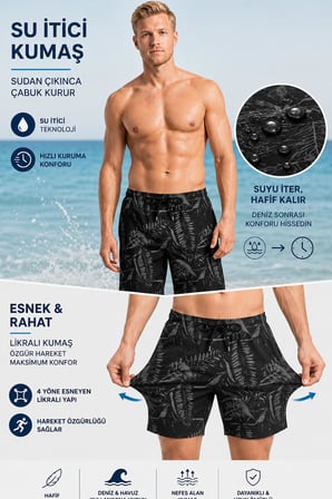 Uzun Boy Model Su İtici Özellikli Esnek Kumaş Dijital Baskılı Erkek Plaj Deniz Şort Mayo // 407