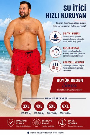 Büyük Beden Su İtici Özellikli Dijital Baskılı Erkek Plaj Deniz Şort Mayo // 411-Kırmızı