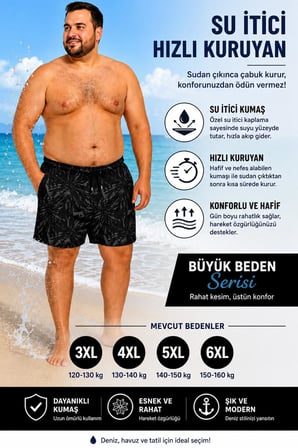 Büyük Beden Su İtici Özellikli Dijital Baskılı Erkek Plaj Deniz Şort Mayo // 412-Siyah