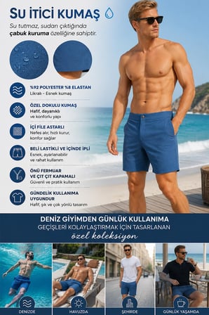 İndigo Su İtici Özellikli Esnek Kumaş Fermaur ve Çıtçıtlı Erkek Plaj Deniz Şort Mayo // 5001-İndigo