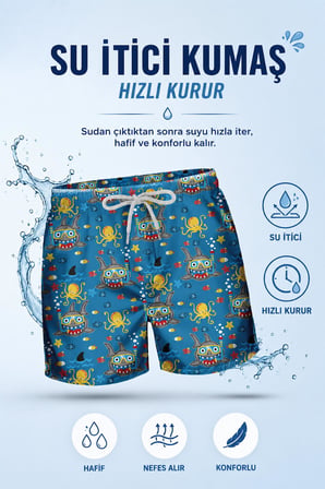 1-4 Yaş Su İtici Özellikli Dijital Baskılı Çocuk Deniz Şort Mayo // 1110