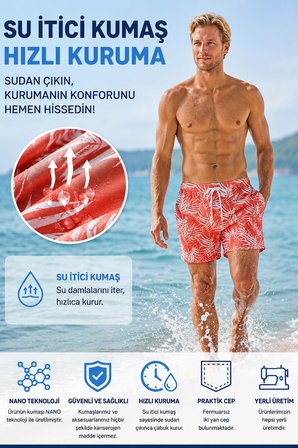 Su İtici Özellikli Dijital Baskılı Erkek Plaj Deniz Şort Mayo - D043-Turuncu