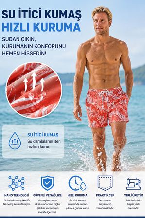Su İtici Özellikli Dijital Baskılı Erkek Plaj Deniz Şort Mayo - D043-Turuncu