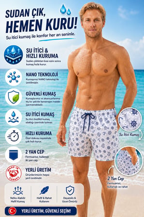 Su İtici Özellikli Dijital Baskılı Erkek Plaj Deniz Şort Mayo - D051-Beyaz