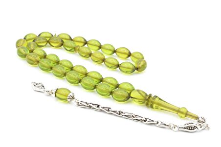 Gümüş Kaplama Sistemli Beyzi Kesim Yeşil Sıkma Kehribar Tesbih