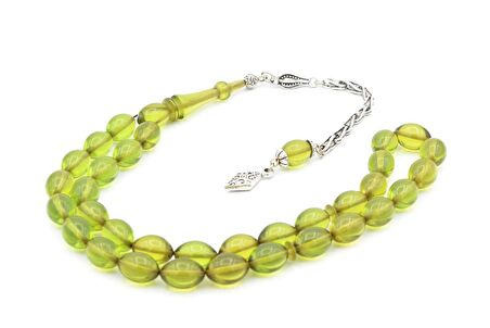 Gümüş Kaplama Sistemli Beyzi Kesim Yeşil Sıkma Kehribar Tesbih