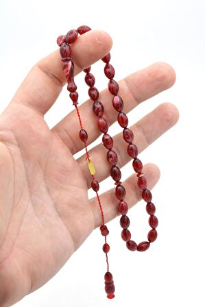 Hakkı Usta İmzalı Beyzi Kesim Kırmızı Sıkma Kehribar Tesbih
