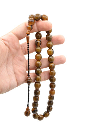 Hakkı Usta İmzalı İri Boy Beyzi Kesim Hareli Yeşil Sıkma Kehribar Tesbih 004