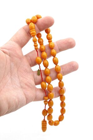 Hakkı Usta Imzalı Beyzi Kesim Zar Rengi Sıkma Kehribar Tesbih 002