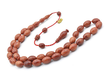 Hakkı Usta İmzalı Beyzi Kesim Hareli Turuncu Sıkma Kehribar Tesbih Bilek Boy