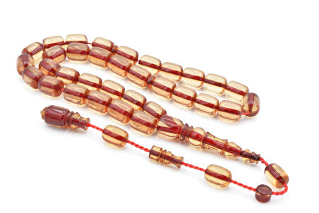 Hakkı Usta İmzalı Kapsül Kesim Şeffaf Kırmızı Sıkma Kehribar Tesbih