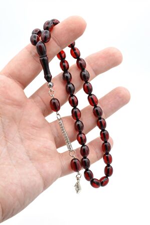 Tilki Kuyruğu Kamçılı Tombul Beyzi Kesim Kırmızı Sıkma Kehribar Tesbih