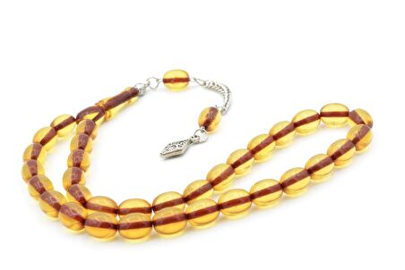 Tilki Kuyruğu Kamçılı Tombul Beyzi Kesim Bordo Sarı Sıkma Kehribar Tesbih