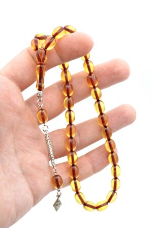 Tilki Kuyruğu Kamçılı Tombul Beyzi Kesim Bordo Sarı Sıkma Kehribar Tesbih