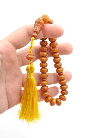 Zeyn Usta İşi Basık Model Hareli Sarı Katalin Tesbih 002