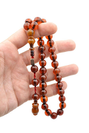 Dabbas Usta İmzalı Küre Kesim Hareli Turuncu Sıkma Kehribar Tesbih 002