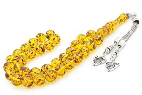 Kaplama Püsküllü Küre Kesim Fosilli Sarı Toz Pres Kehribar Tesbih