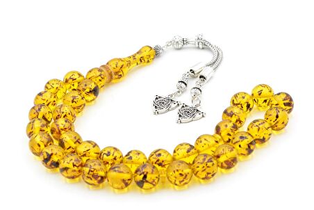 Kaplama Püsküllü Küre Kesim Fosilli Sarı Toz Pres Kehribar Tesbih