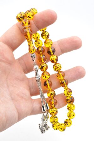 Kaplama Püsküllü Küre Kesim Fosilli Sarı Toz Pres Kehribar Tesbih