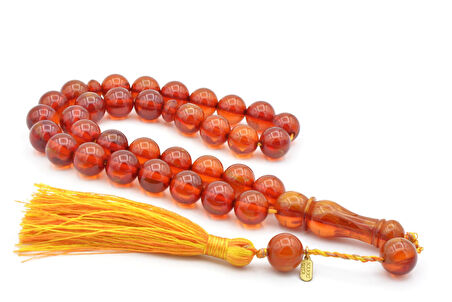 Hakkı Usta İmzalı Saçaklı Sistemli Turuncu Sıkma Kehribar Tesbih