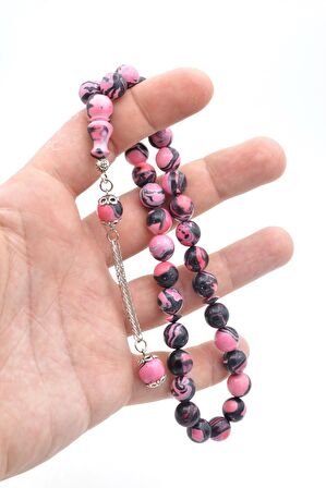 Gümüş Kaplama Kamçılı Küre Kesim Siyah Pembe Sıkma Kehribar Tesbih