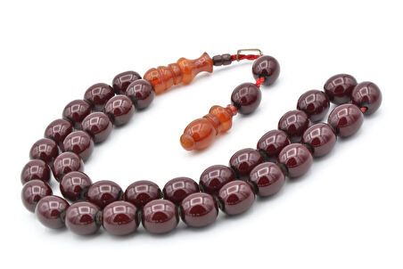 Dabbas İmzalı Beyzi Kesim Bordo Sıkma Kehribar Tesbih İri Boy